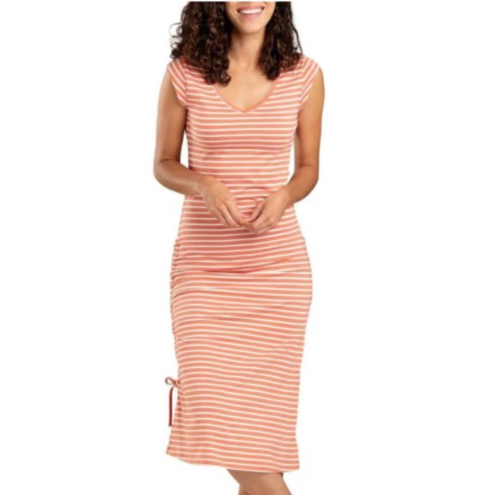 Toad & Co Muse Striped Jersey Midi Dress Salmon Cap Sleeve Adjustable Ruched
